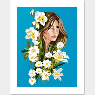 BELIA Illustration Woman with White Flowers Posters and Art